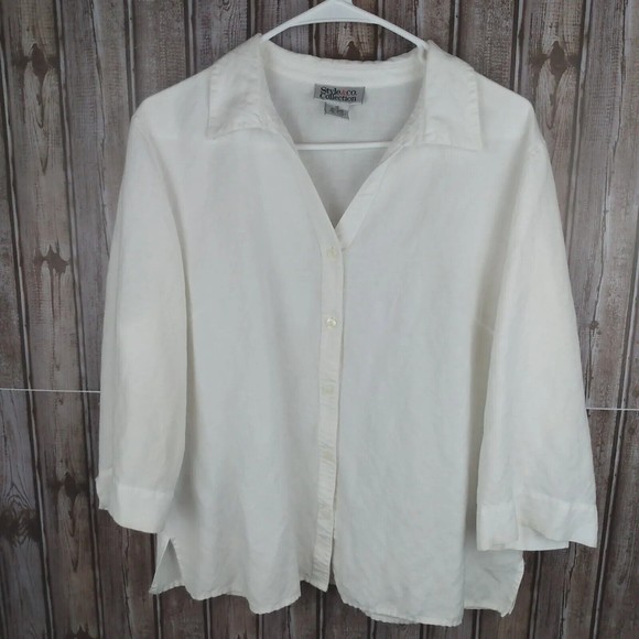 Style & Co. Collection White Linen Blend 3/4 Sleeve Blouse Top Women's Size 16 - Picture 1 of 10